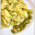 Farfalles maison au pesto et dés de volaille Ça y est nous sommes rentrés, tout plein de choses à faire au retour, ...
Les placards et le frigo sont vides ou presque, mais il me restait de la semoule de blé dur, un bocal de pesto vert et un paquet de dés de volaille.